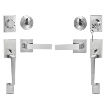 Double Door Handle Set, Satin Nickel Square Door Lever, Heavy Duty Double Front Door Handle Set with Dummy, Double Door Lock Set with Reversible Handle Lever, for Front Door or Office Door