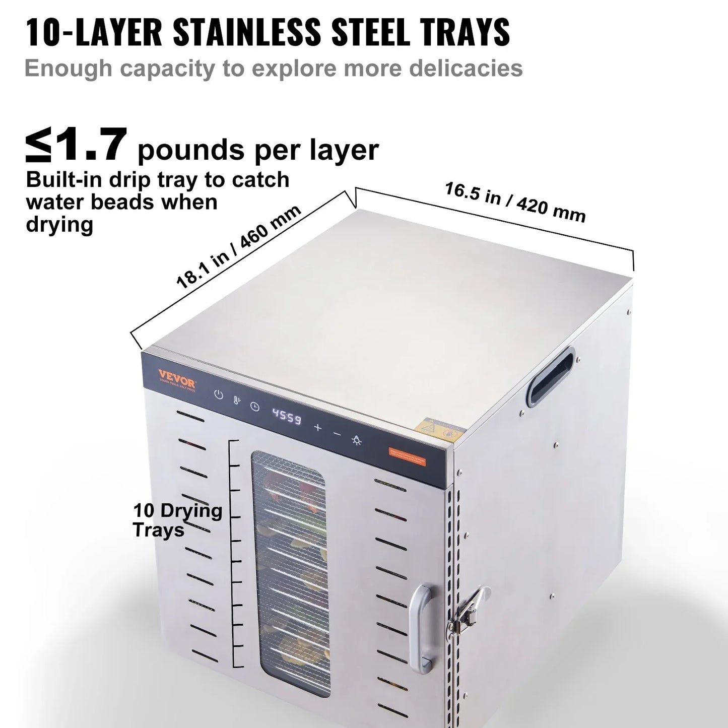 VEVOR 10 Trays Food Dehydrator Machine Stainless Steel 1000W Jerky Fruit Drying - Mekamart Australia