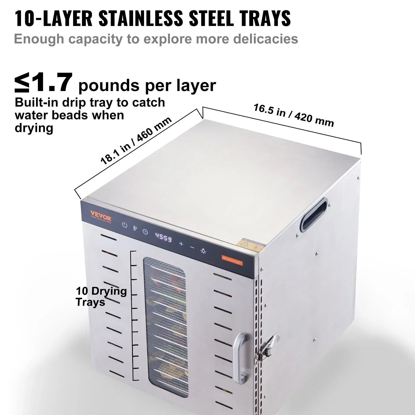VEVOR 10 Trays Food Dehydrator Machine Stainless Steel 1000W Jerky Fruit Drying - Mekamart Australia