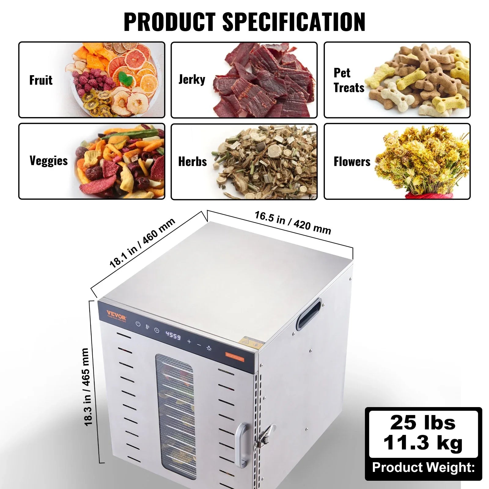 VEVOR 10 Trays Food Dehydrator Machine Stainless Steel 1000W Jerky Fruit Drying - Mekamart Australia