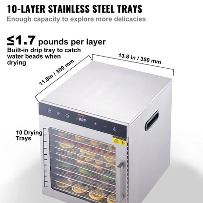 VEVOR 10 Trays Food Dehydrator Machine Stainless Steel 800W Jerky Fruit Drying - Mekamart Australia