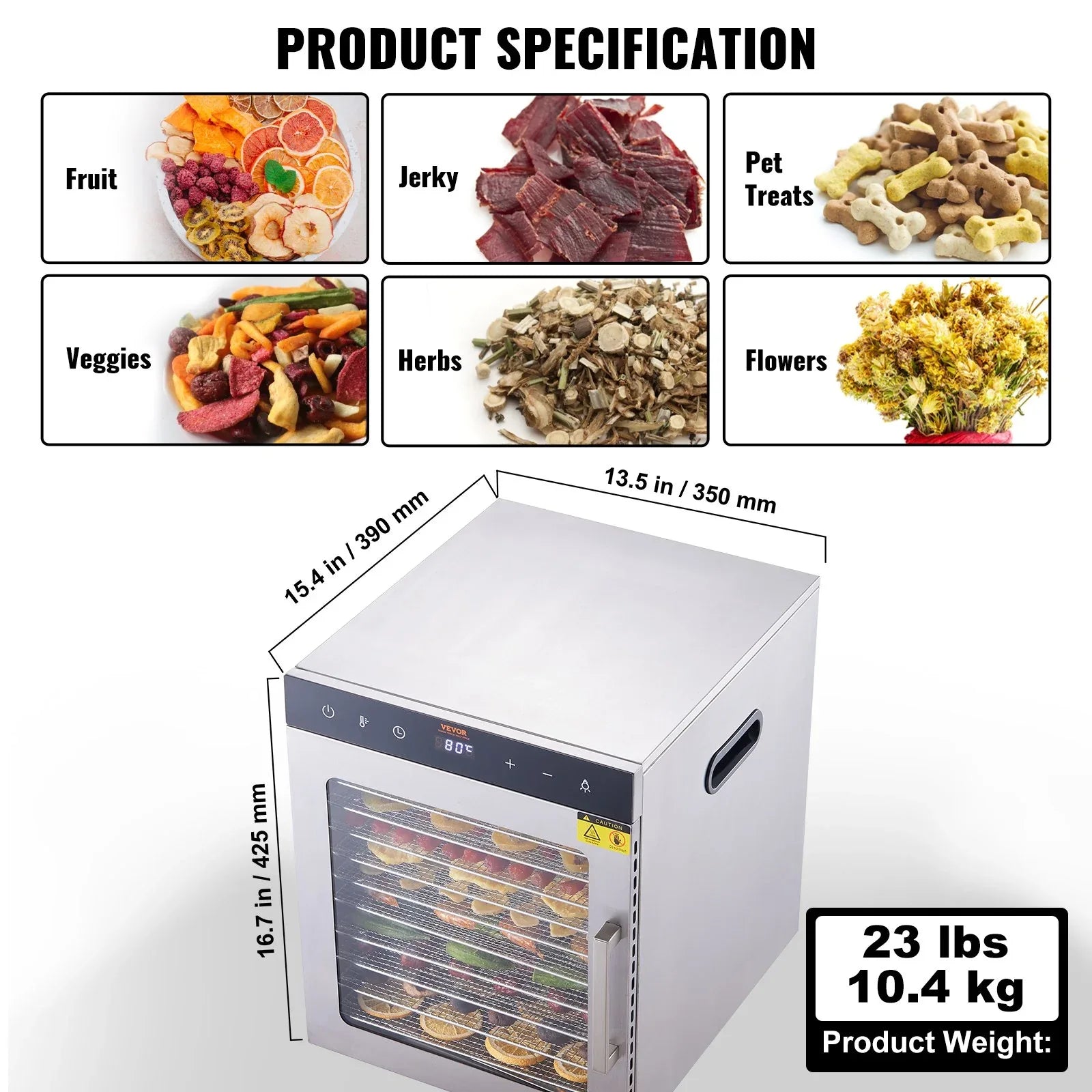 VEVOR 10 Trays Food Dehydrator Machine Stainless Steel 800W Jerky Fruit Drying - Mekamart Australia