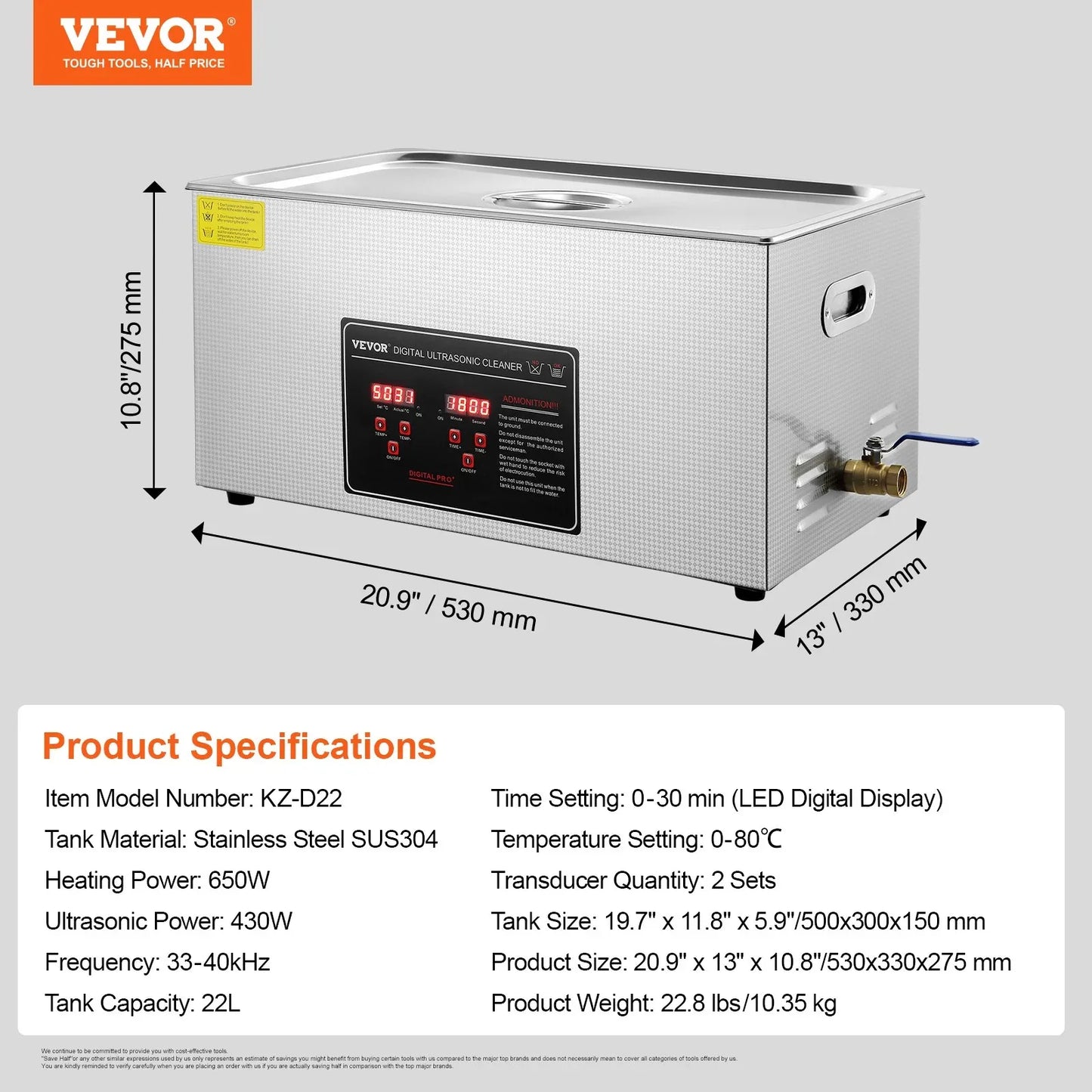 VEVOR 22L Ultrasonic Cleaner with Timer Heating Machine Digital Sonic Cleaner - Mekamart Australia