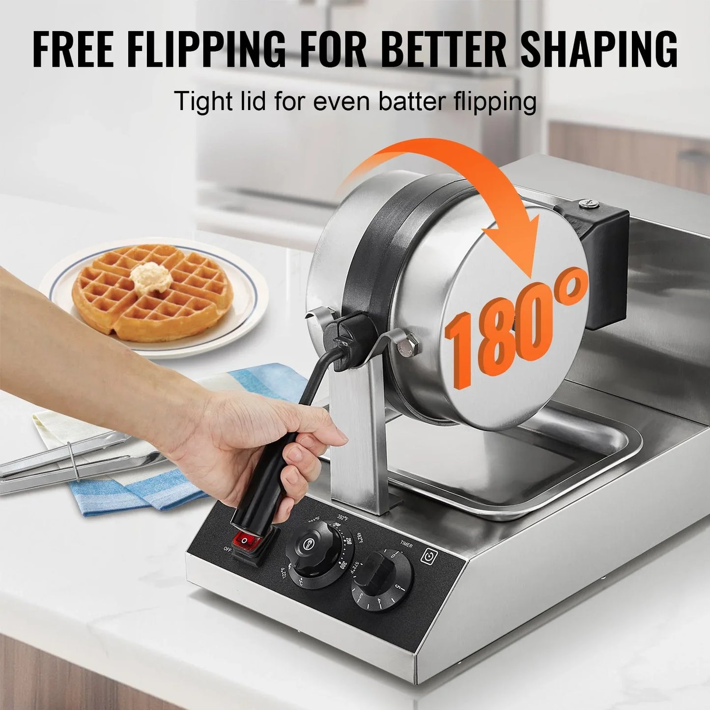 VEVOR Commercial Waffle Maker, 1300W Round Waffle Baker Machine, Non-Stick Stainless Steel Belgian Waffle Iron, Temperature and Time Control, 180° Rotatable, for Restaurant Bakery Snack Bar Family - Mekamart Australia