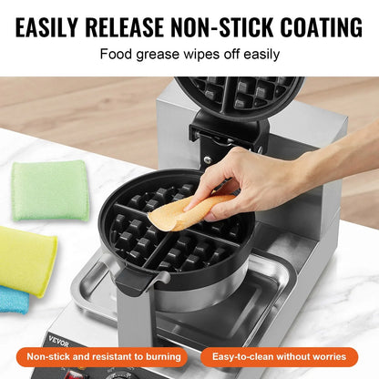 VEVOR Commercial Waffle Maker, 1300W Round Waffle Baker Machine, Non-Stick Stainless Steel Belgian Waffle Iron, Temperature and Time Control, 180° Rotatable, for Restaurant Bakery Snack Bar Family - Mekamart Australia