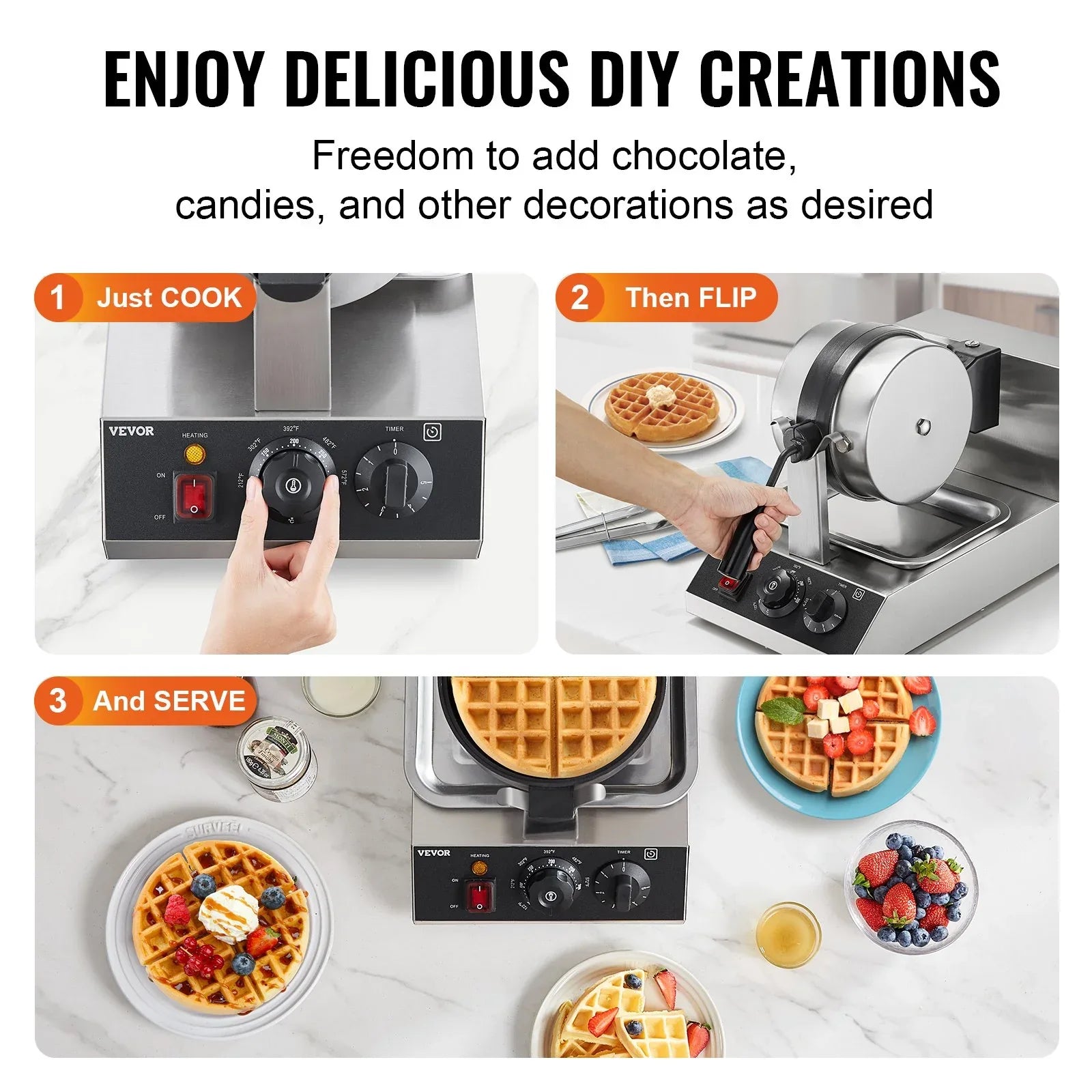 VEVOR Commercial Waffle Maker, 1300W Round Waffle Baker Machine, Non-Stick Stainless Steel Belgian Waffle Iron, Temperature and Time Control, 180° Rotatable, for Restaurant Bakery Snack Bar Family - Mekamart Australia