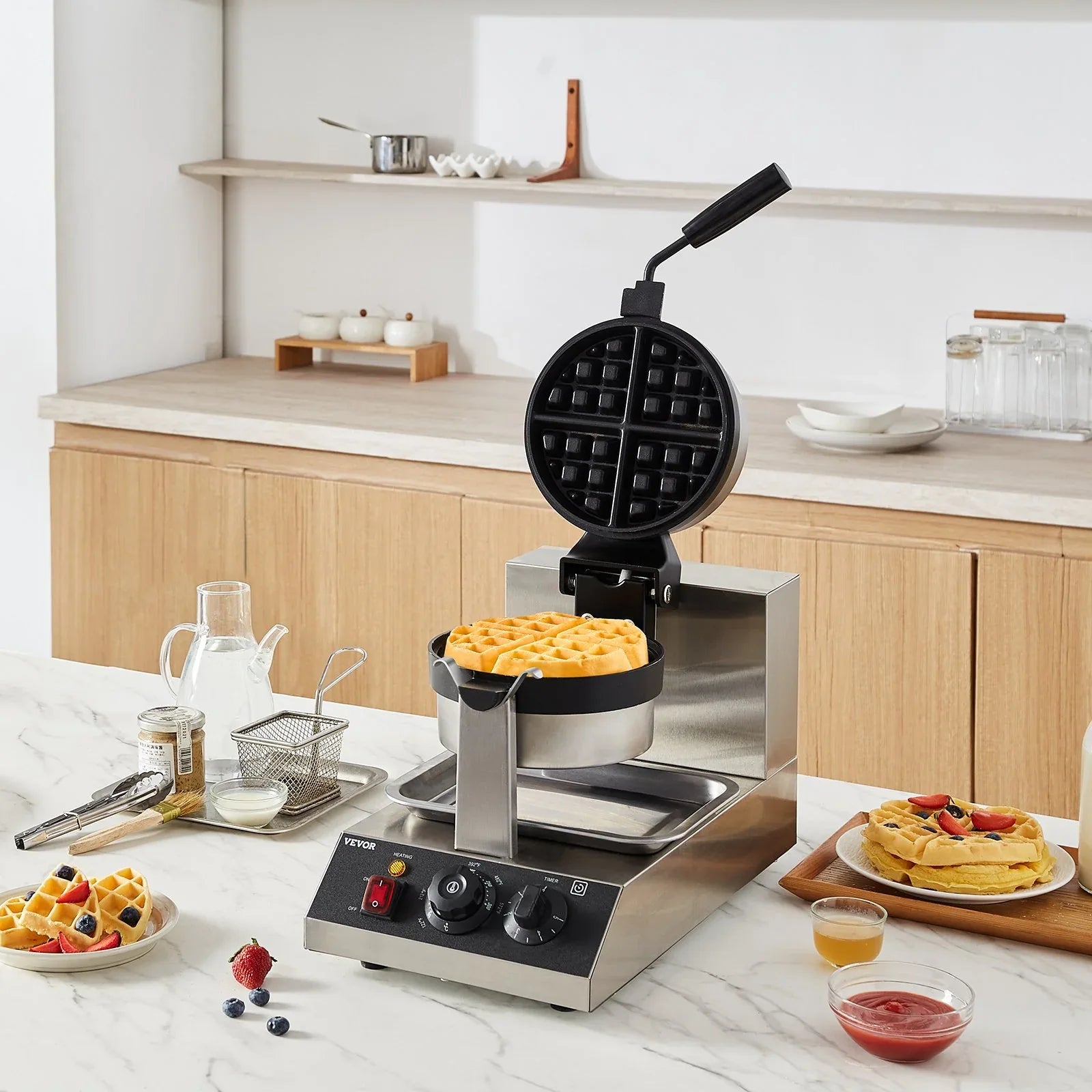 VEVOR Commercial Waffle Maker, 1300W Round Waffle Baker Machine, Non-Stick Stainless Steel Belgian Waffle Iron, Temperature and Time Control, 180° Rotatable, for Restaurant Bakery Snack Bar Family - Mekamart Australia