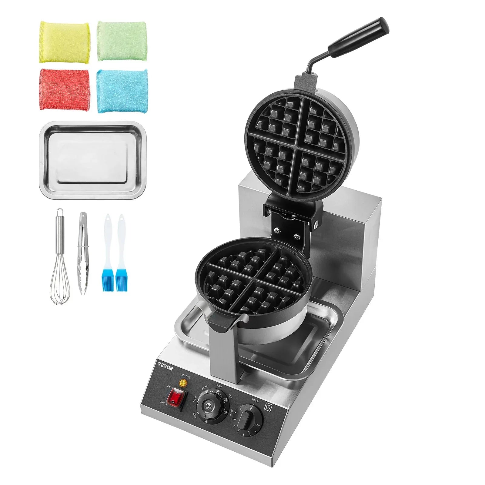 VEVOR Commercial Waffle Maker, 1300W Round Waffle Baker Machine, Non-Stick Stainless Steel Belgian Waffle Iron, Temperature and Time Control, 180° Rotatable, for Restaurant Bakery Snack Bar Family - Mekamart Australia