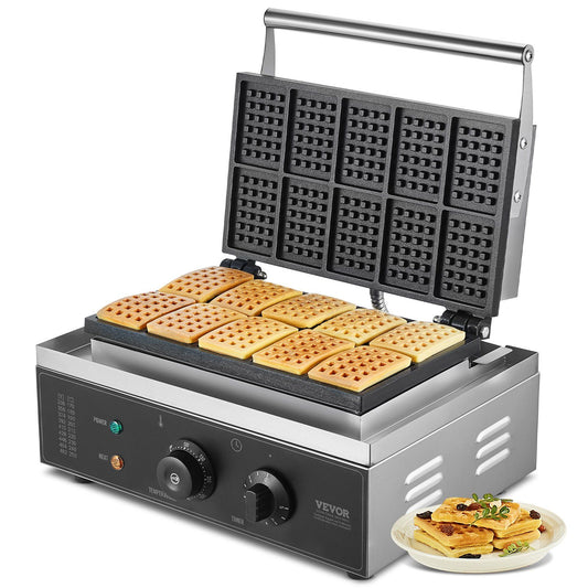 Commercial Waffle Maker, 10PCS Rectangle Waffle Baker Machine, 1550W Non-Stick Stainless Steel Belgian Waffle Iron with Temp and Time Control, Handle, for Restaurant Bakery Snack Bar Family