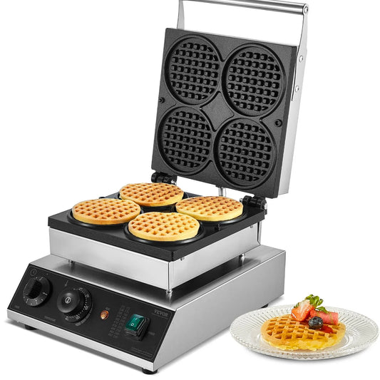 VEVOR Commercial Waffle Maker, 4PCS Round Waffle Baker Machine,1750W Non-Stick Stainless Steel Belgian Waffle Iron with Temperature and Time Control, for Restaurant Bakery Snack Bar Family - Mekamart Australia