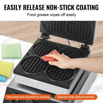 VEVOR Commercial Waffle Maker, 4PCS Round Waffle Baker Machine,1750W Non-Stick Stainless Steel Belgian Waffle Iron with Temperature and Time Control, for Restaurant Bakery Snack Bar Family - Mekamart Australia