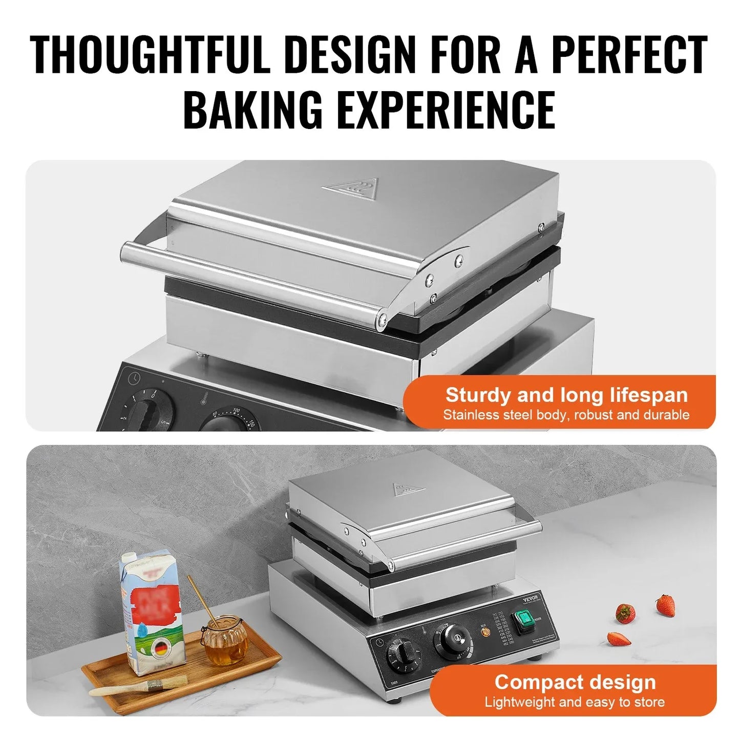 VEVOR Commercial Waffle Maker, 4PCS Round Waffle Baker Machine,1750W Non-Stick Stainless Steel Belgian Waffle Iron with Temperature and Time Control, for Restaurant Bakery Snack Bar Family - Mekamart Australia