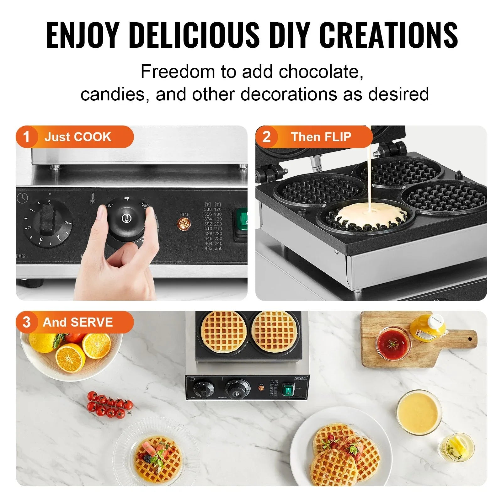 VEVOR Commercial Waffle Maker, 4PCS Round Waffle Baker Machine,1750W Non-Stick Stainless Steel Belgian Waffle Iron with Temperature and Time Control, for Restaurant Bakery Snack Bar Family - Mekamart Australia