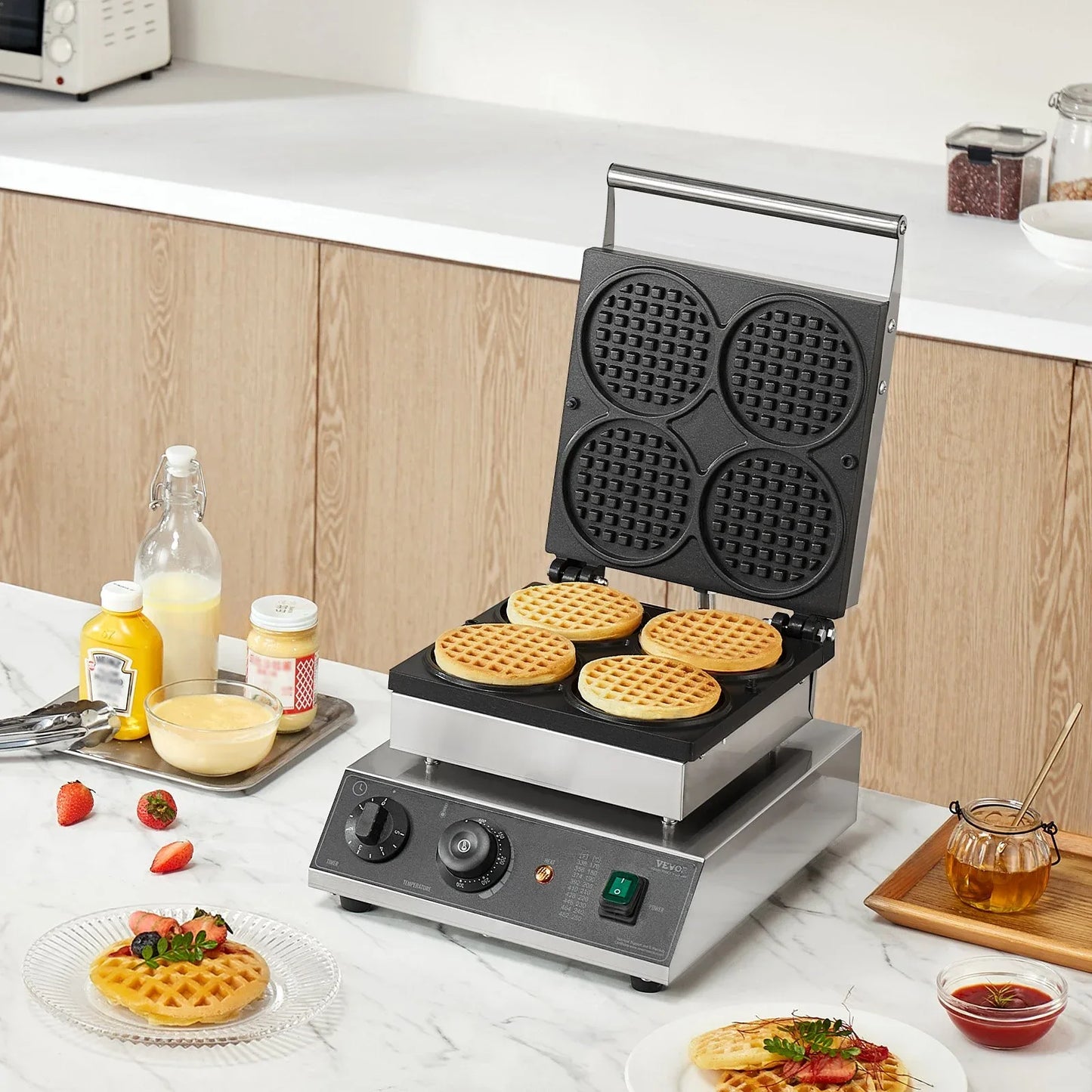 VEVOR Commercial Waffle Maker, 4PCS Round Waffle Baker Machine,1750W Non-Stick Stainless Steel Belgian Waffle Iron with Temperature and Time Control, for Restaurant Bakery Snack Bar Family - Mekamart Australia