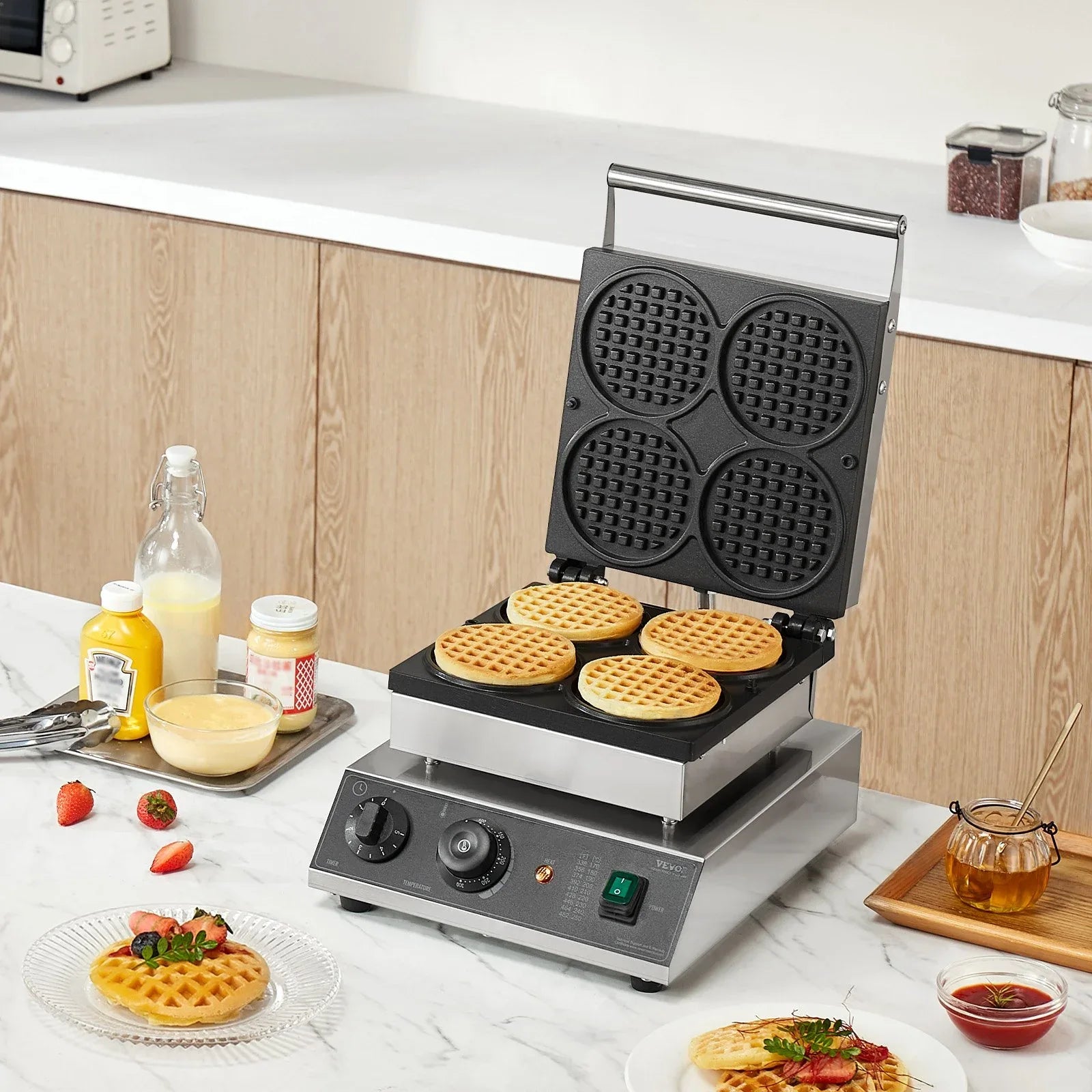VEVOR Commercial Waffle Maker, 4PCS Round Waffle Baker Machine,1750W Non-Stick Stainless Steel Belgian Waffle Iron with Temperature and Time Control, for Restaurant Bakery Snack Bar Family - Mekamart Australia