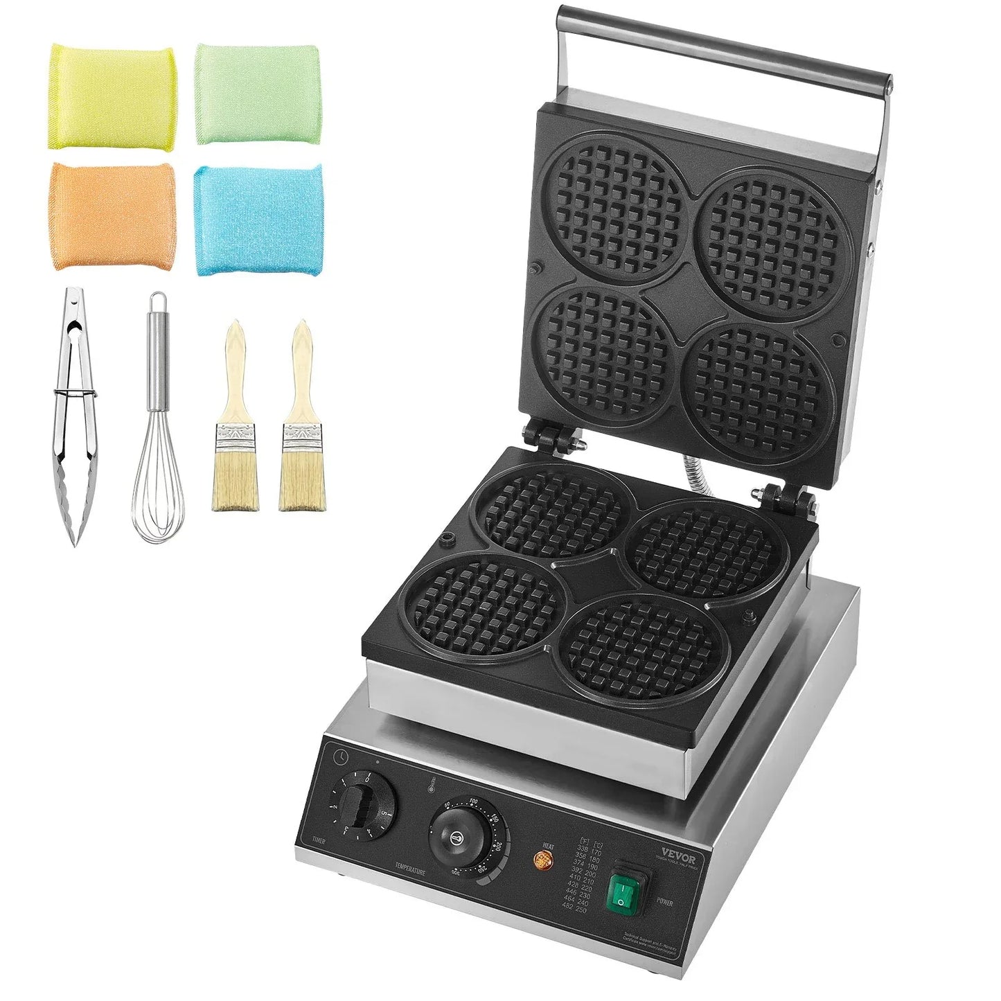 VEVOR Commercial Waffle Maker, 4PCS Round Waffle Baker Machine,1750W Non-Stick Stainless Steel Belgian Waffle Iron with Temperature and Time Control, for Restaurant Bakery Snack Bar Family - Mekamart Australia