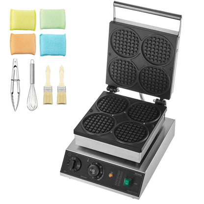 VEVOR Commercial Waffle Maker, 4PCS Round Waffle Baker Machine,1750W Non-Stick Stainless Steel Belgian Waffle Iron with Temperature and Time Control, for Restaurant Bakery Snack Bar Family - Mekamart Australia