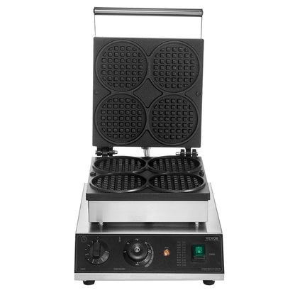 VEVOR Commercial Waffle Maker, 4PCS Round Waffle Baker Machine,1750W Non-Stick Stainless Steel Belgian Waffle Iron with Temperature and Time Control, for Restaurant Bakery Snack Bar Family - Mekamart Australia