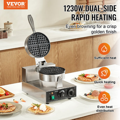 Commercial Waffle Maker, 1230W Round Waffle Baker Machine, Non-Stick Stainless Steel Belgian Waffle Iron with Temperature and Time Control, Handle, for Restaurant Bakery Snack Bar Family