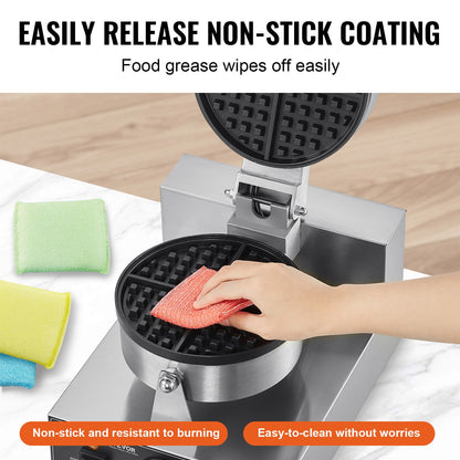 Commercial Waffle Maker, 1230W Round Waffle Baker Machine, Non-Stick Stainless Steel Belgian Waffle Iron with Temperature and Time Control, Handle, for Restaurant Bakery Snack Bar Family