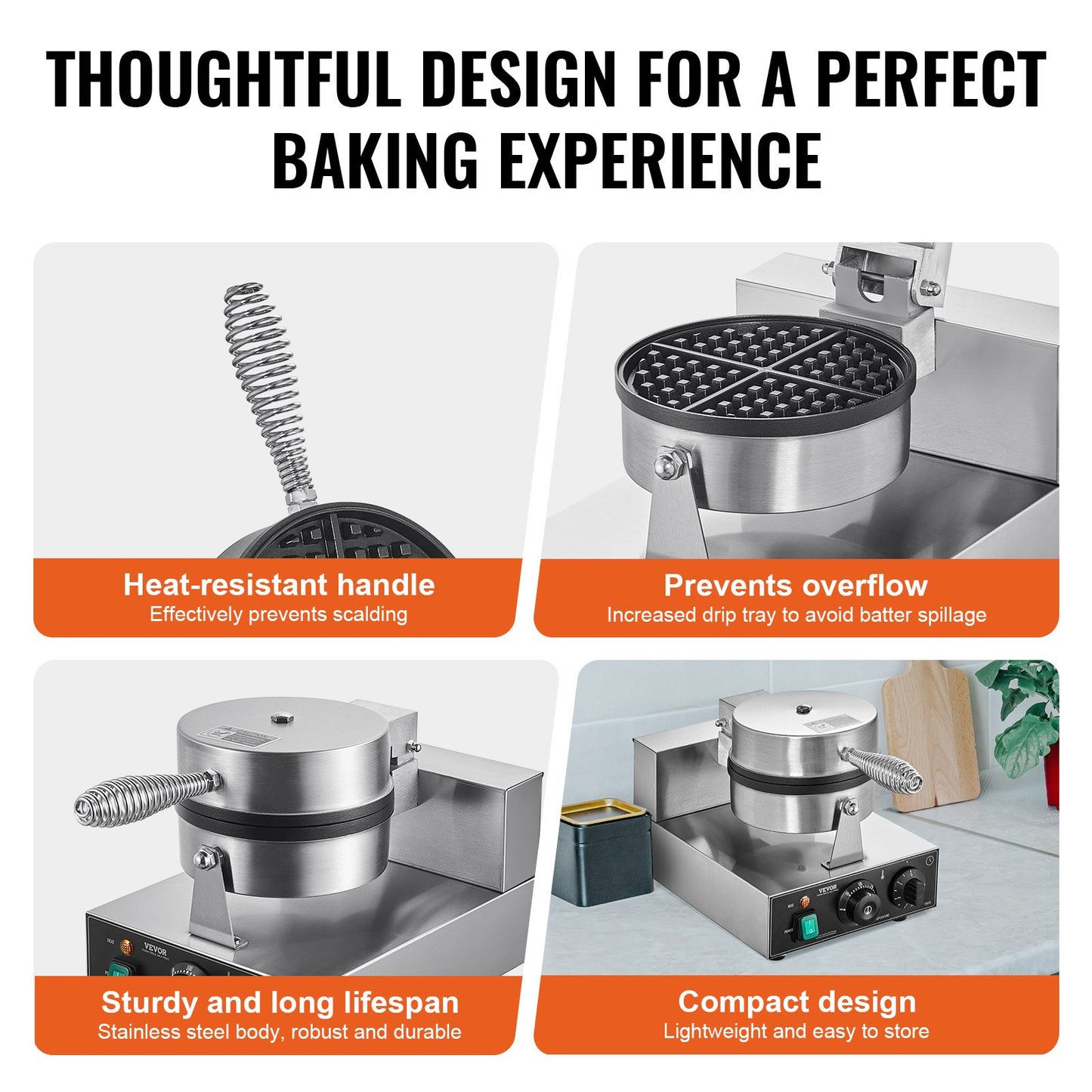 Commercial Waffle Maker, 1230W Round Waffle Baker Machine, Non-Stick Stainless Steel Belgian Waffle Iron with Temperature and Time Control, Handle, for Restaurant Bakery Snack Bar Family