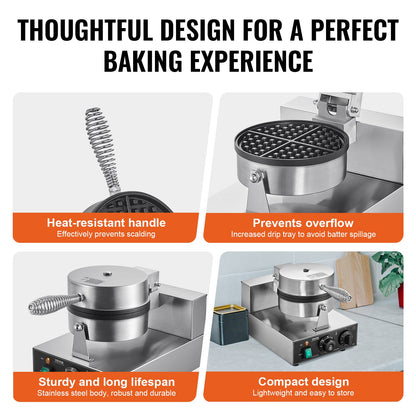 Commercial Waffle Maker, 1230W Round Waffle Baker Machine, Non-Stick Stainless Steel Belgian Waffle Iron with Temperature and Time Control, Handle, for Restaurant Bakery Snack Bar Family