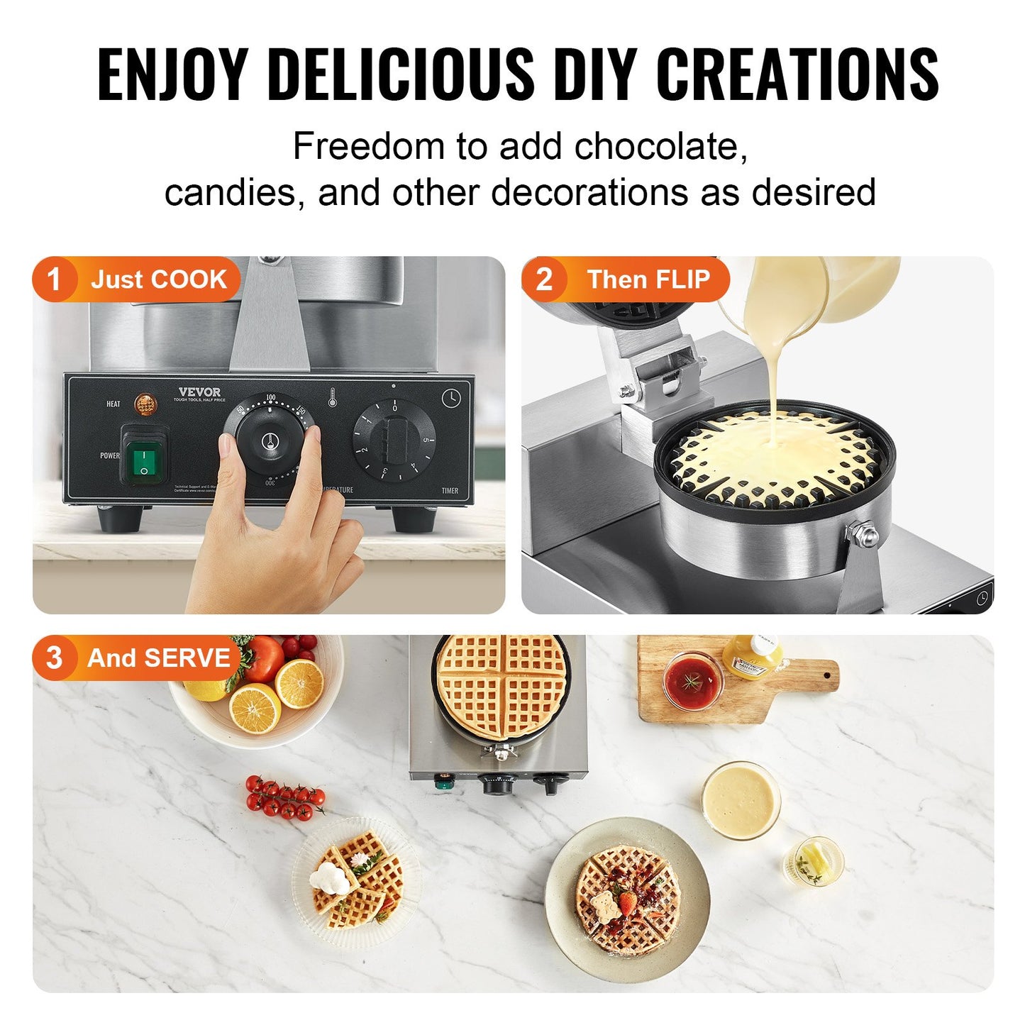 Commercial Waffle Maker, 1230W Round Waffle Baker Machine, Non-Stick Stainless Steel Belgian Waffle Iron with Temperature and Time Control, Handle, for Restaurant Bakery Snack Bar Family
