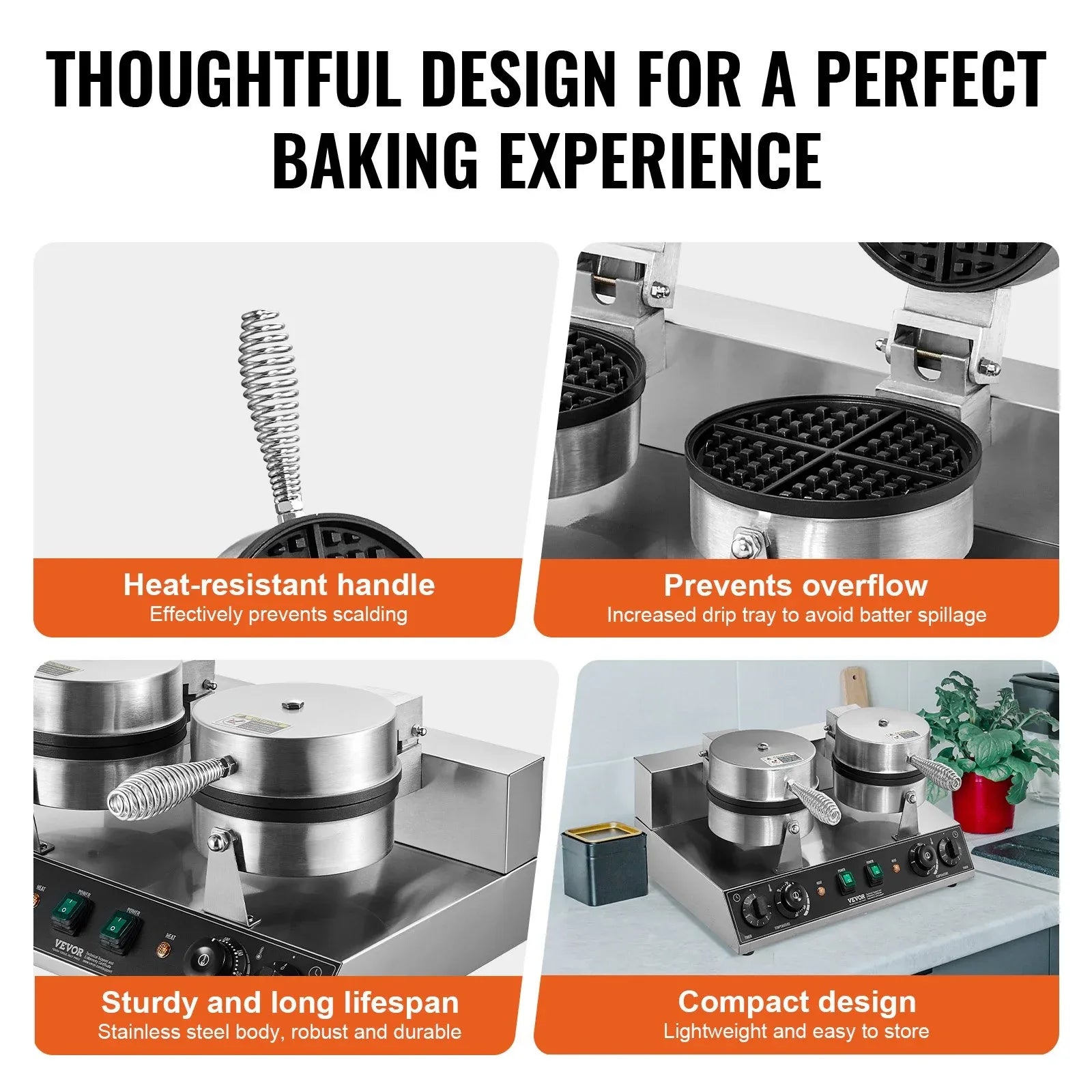 VEVOR Commercial Waffle Maker, Dual-Head Round Waffle Baker Machine, 2460W Non-Stick Stainless Steel Belgian Waffle Iron with Temp and Time Control, Handle, for Restaurant Bakery Snack Bar Family - Mekamart Australia