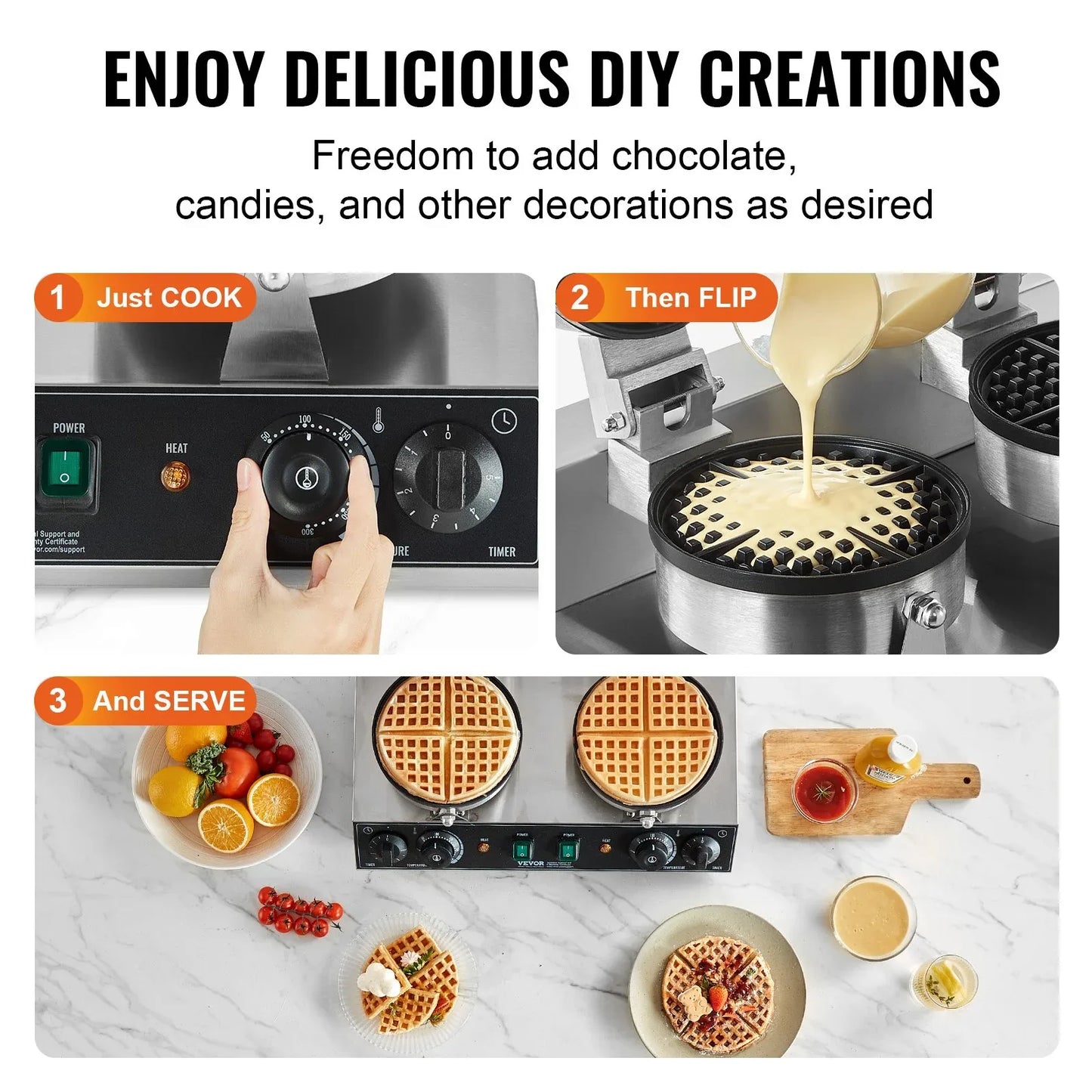 VEVOR Commercial Waffle Maker, Dual-Head Round Waffle Baker Machine, 2460W Non-Stick Stainless Steel Belgian Waffle Iron with Temp and Time Control, Handle, for Restaurant Bakery Snack Bar Family - Mekamart Australia
