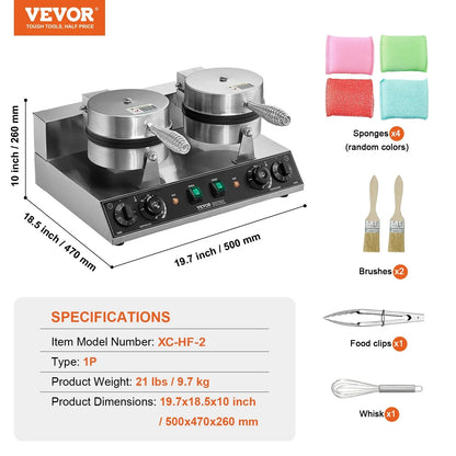 VEVOR Commercial Waffle Maker, Dual-Head Round Waffle Baker Machine, 2460W Non-Stick Stainless Steel Belgian Waffle Iron with Temp and Time Control, Handle, for Restaurant Bakery Snack Bar Family - Mekamart Australia