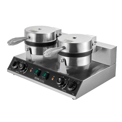 VEVOR Commercial Waffle Maker, Dual-Head Round Waffle Baker Machine, 2460W Non-Stick Stainless Steel Belgian Waffle Iron with Temp and Time Control, Handle, for Restaurant Bakery Snack Bar Family - Mekamart Australia