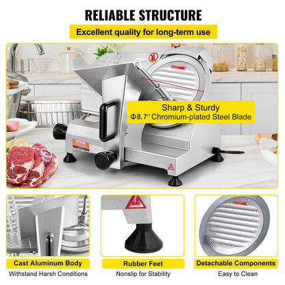 Commercial Meat Slicer, 200W Electric Deli Food Slicer, 350-400RPM Meat Slicer with 8" Carbon Steel Blade, 0 - 0.47 inch Adjustable Thickness Electric Meat Slicer for Home and Commercial Use