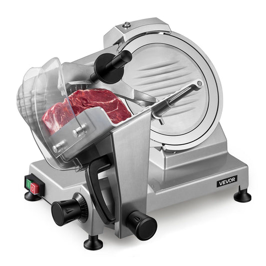 Commercial Meat Slicer, 240W Electric Deli Food Slicer with 250mm Carbon Steel Blade, Built-In Sharpener & 0-12mm Adjustable Thickness for Frozen Meat, Ham, Baguett, Steak