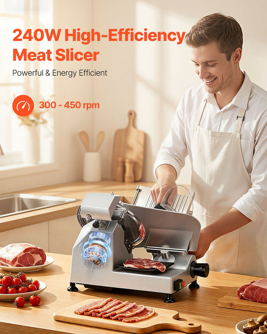 Commercial Meat Slicer, 240W Electric Deli Food Slicer with 250mm Carbon Steel Blade, Built-In Sharpener & 0-12mm Adjustable Thickness for Frozen Meat, Ham, Baguett, Steak