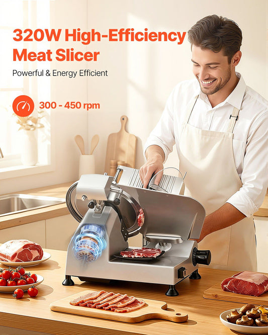 Commercial Meat Slicer, 320W Electric Deli Food Slicer with 300mm Carbon Steel Blade, Built-In Sharpener & 0-15mm Adjustable Thickness for Frozen Meat, Ham, Baguett, Steak