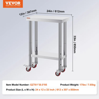 VEVOR Stainless Steel Work Table with Wheels 24 x 12 x 32 Inch Prep Table with 4 Casters Heavy Duty Work Table for Commercial Kitchen Restaurant Business - Mekamart Australia