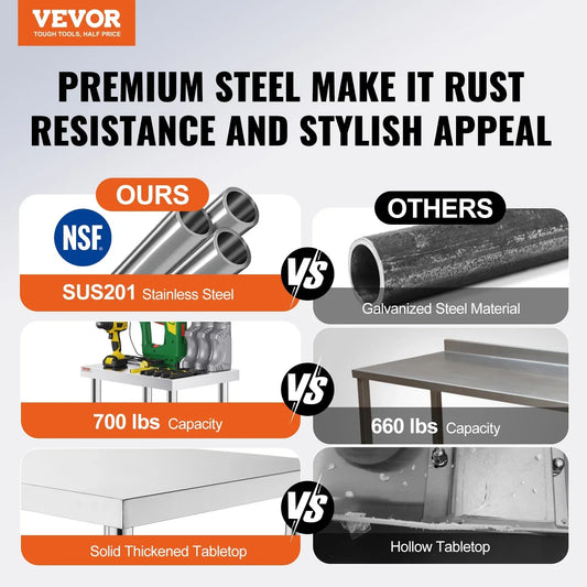 VEVOR Stainless Steel Work Table with Wheels 24 x 30 Prep Table with casters Heavy Duty Work Table for Commercial Kitchen Restaurant Business (24 x 30 x 33.8 Inch) - Mekamart Australia