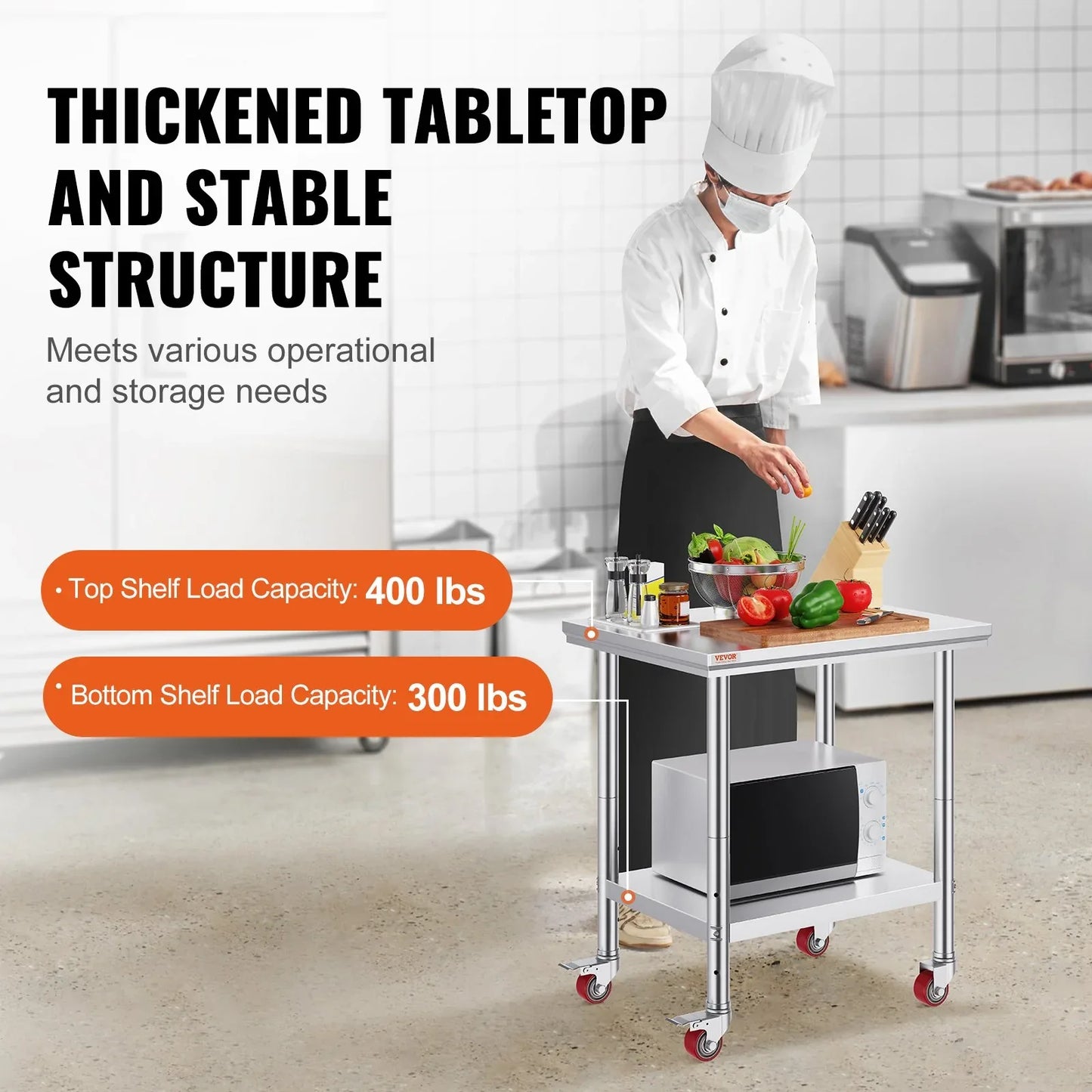 VEVOR Stainless Steel Work Table with Wheels 24 x 30 Prep Table with casters Heavy Duty Work Table for Commercial Kitchen Restaurant Business (24 x 30 x 33.8 Inch) - Mekamart Australia