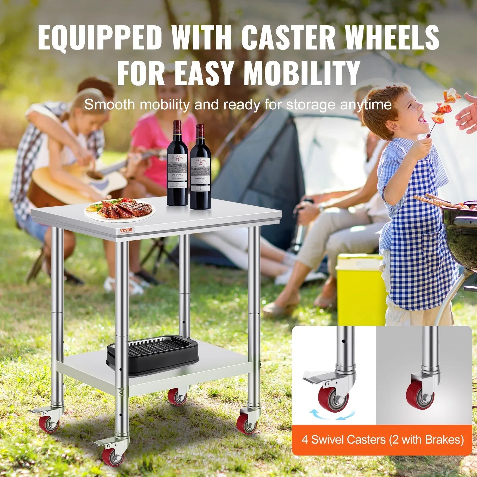 VEVOR Stainless Steel Work Table with Wheels 24 x 30 Prep Table with casters Heavy Duty Work Table for Commercial Kitchen Restaurant Business (24 x 30 x 33.8 Inch) - Mekamart Australia
