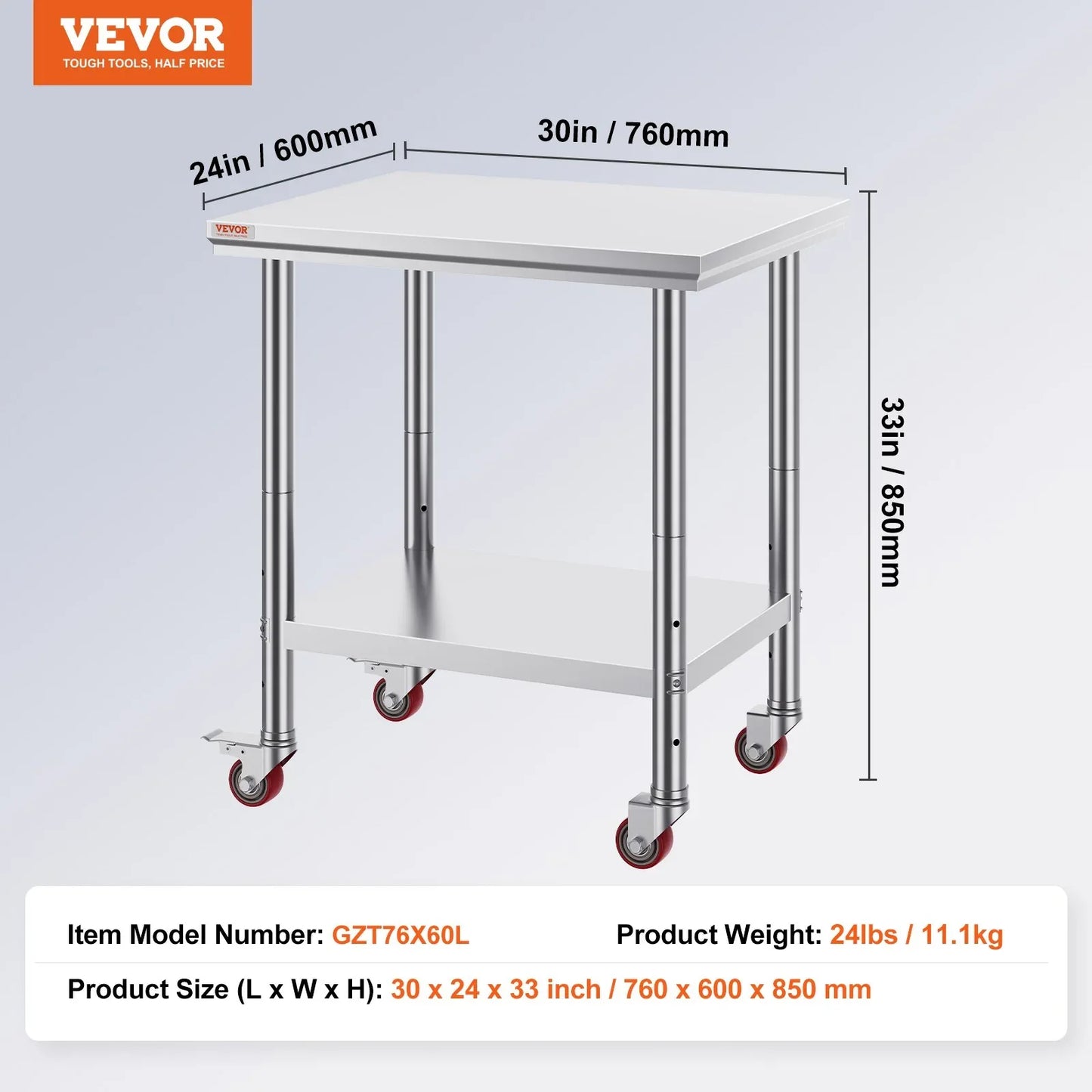 VEVOR Stainless Steel Work Table with Wheels 24 x 30 Prep Table with casters Heavy Duty Work Table for Commercial Kitchen Restaurant Business (24 x 30 x 33.8 Inch) - Mekamart Australia