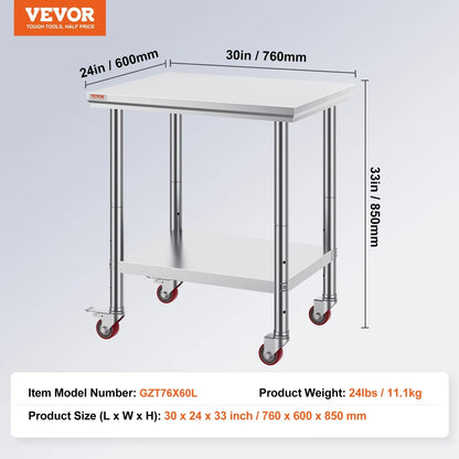 VEVOR Stainless Steel Work Table with Wheels 24 x 30 Prep Table with casters Heavy Duty Work Table for Commercial Kitchen Restaurant Business (24 x 30 x 33.8 Inch) - Mekamart Australia