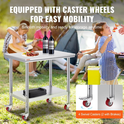 VEVOR Stainless Steel Work Table 36x24 Inch with 4 Wheels Commercial Food Prep Worktable with Casters Heavy Duty Work Table for Commercial Kitchen Restaurant - Mekamart Australia