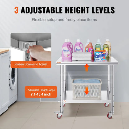 VEVOR Stainless Steel Work Table 36x24 Inch with 4 Wheels Commercial Food Prep Worktable with Casters Heavy Duty Work Table for Commercial Kitchen Restaurant - Mekamart Australia