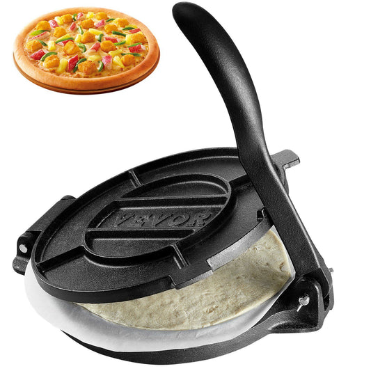 Tortilla Press, 250mm Tortilla and Roti Maker, Cast Iron Heavy Duty Tortilladora Press, Pre-Seasoned Pataconera Maker with 100 Pcs Parchment Paper, Dough Maker for Flour Tortilla, Tawa, Silver