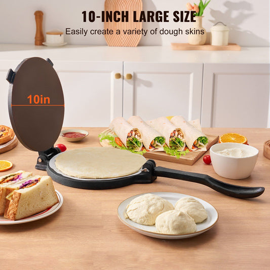 Tortilla Press, 250mm Tortilla and Roti Maker, Cast Iron Heavy Duty Tortilladora Press, Pre-Seasoned Pataconera Maker with 100 Pcs Parchment Paper, Dough Maker for Flour Tortilla, Tawa, Silver