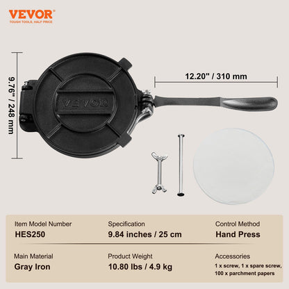 Tortilla Press, 250mm Tortilla and Roti Maker, Cast Iron Heavy Duty Tortilladora Press, Pre-Seasoned Pataconera Maker with 100 Pcs Parchment Paper, Dough Maker for Flour Tortilla, Tawa, Silver