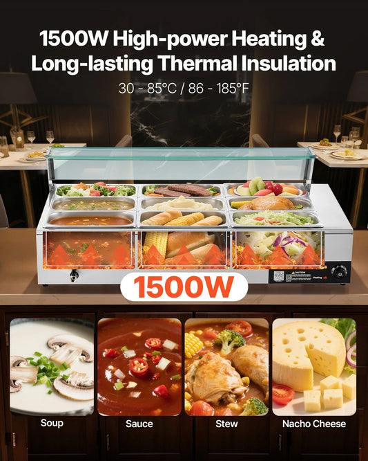 VEVOR Commercial Food Warmer, 1500W Electric Stainless Steel Steam Food Warmer with Glass Cover, 9-Pan Countertop Buffet Bain Marie with Soup & Perforated Ladles, for Catering, Restaurant & Party - Mekamart Australia