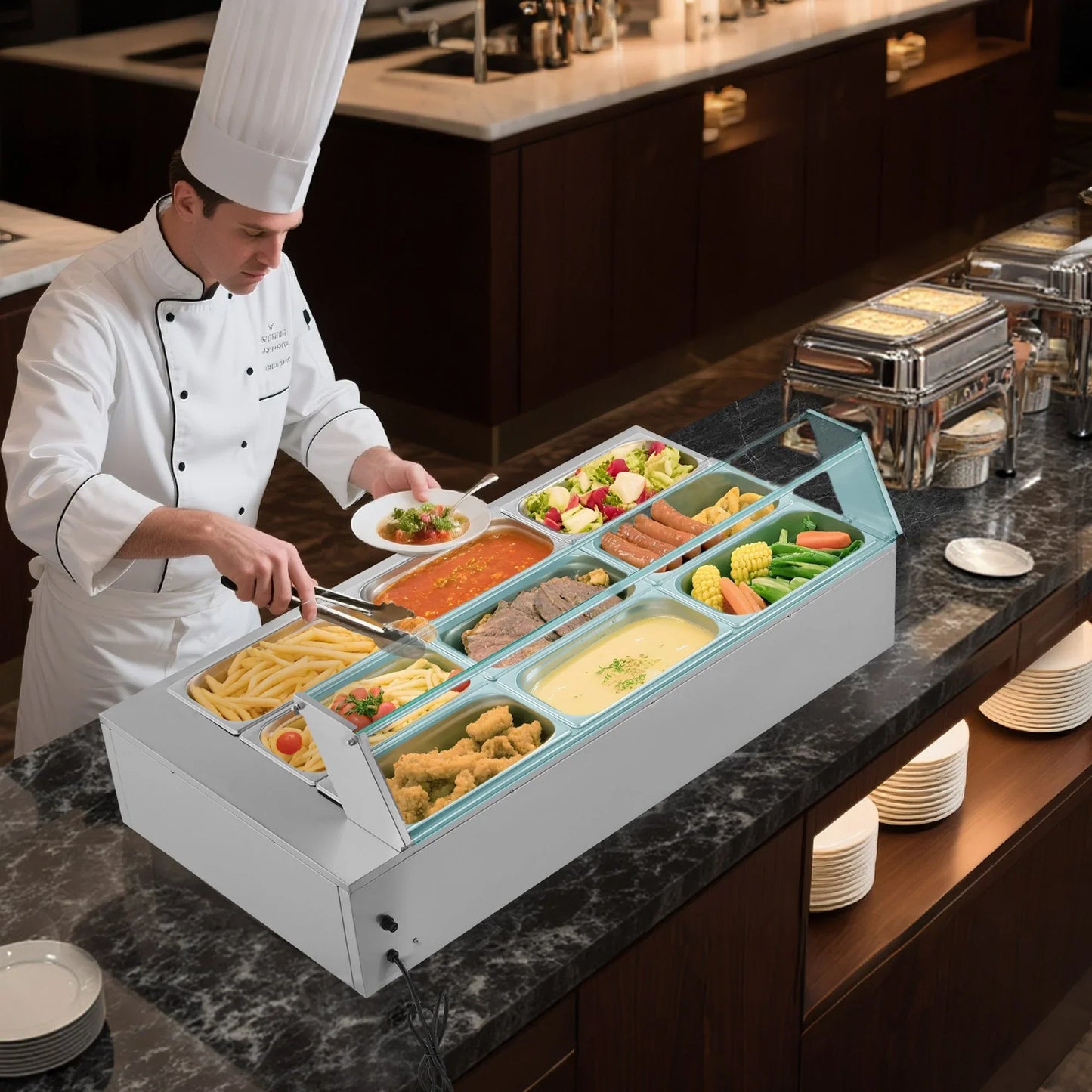VEVOR Commercial Food Warmer, 1500W Electric Stainless Steel Steam Food Warmer with Glass Cover, 9-Pan Countertop Buffet Bain Marie with Soup & Perforated Ladles, for Catering, Restaurant & Party - Mekamart Australia