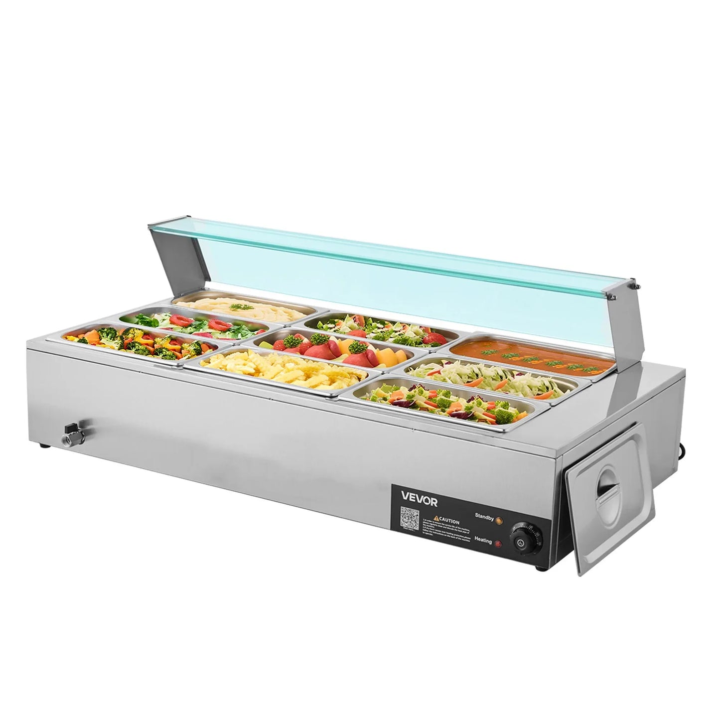 VEVOR Commercial Food Warmer, 1500W Electric Stainless Steel Steam Food Warmer with Glass Cover, 9-Pan Countertop Buffet Bain Marie with Soup & Perforated Ladles, for Catering, Restaurant & Party - Mekamart Australia