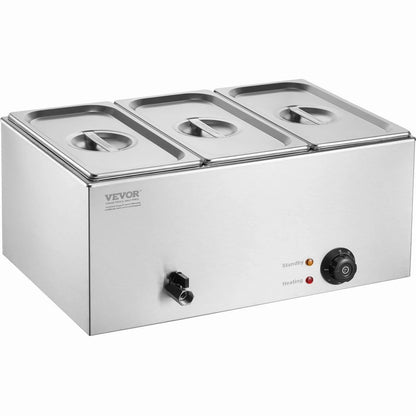 VEVOR 3-Pan Commercial Food Warmer, 16.5L Electric Steam Table, 1200W Professional Countertop Stainless Steel Buffet Bain Marie with 30 - 85℃ Temp Control for Catering and Restaurants, Silver - Mekamart Australia
